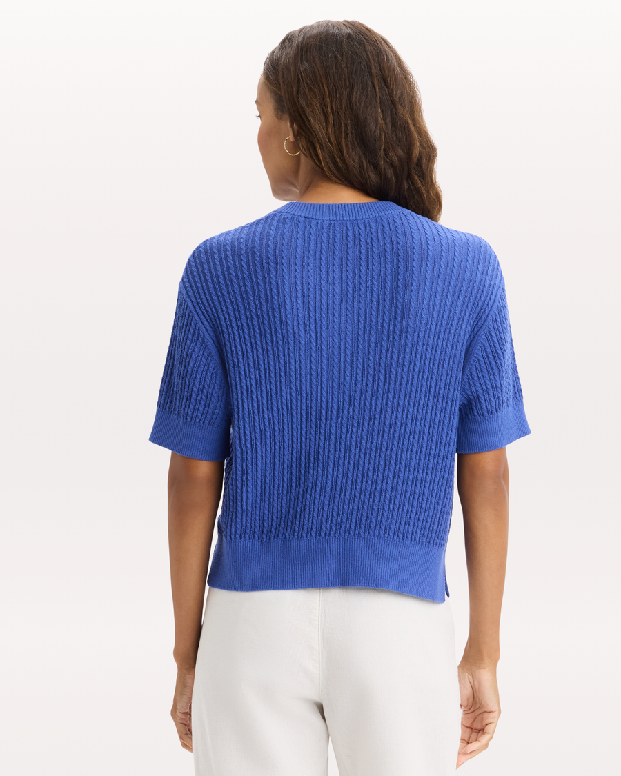 View of model wearing Deep Ultramarine Short Sleeve Cardigan, Regular Fit.