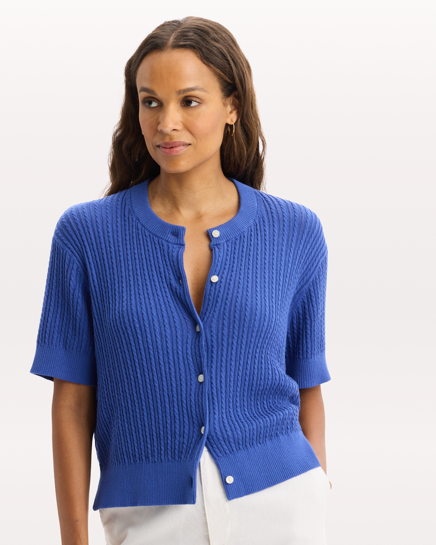 View of model wearing Deep Ultramarine Short Sleeve Cardigan, Regular Fit.