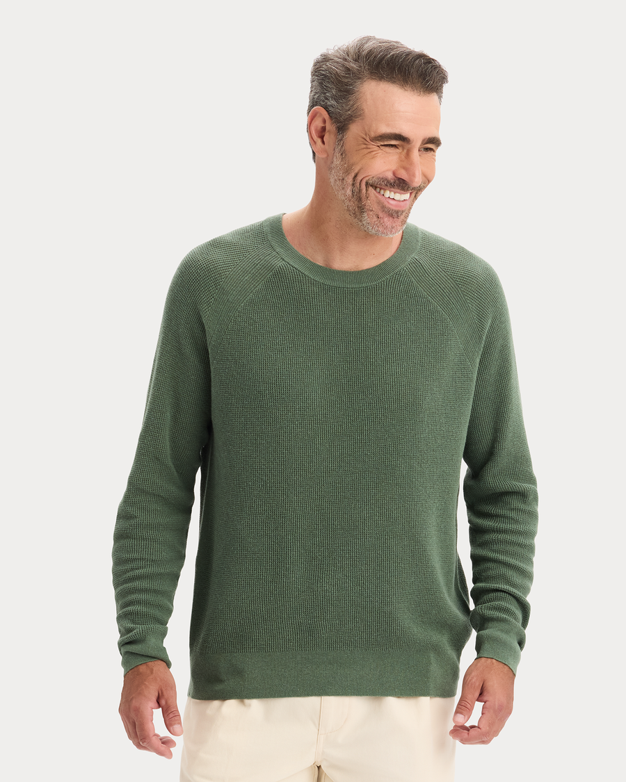 View of model wearing Duck Green Crewneck Sweater, Regular Fit.