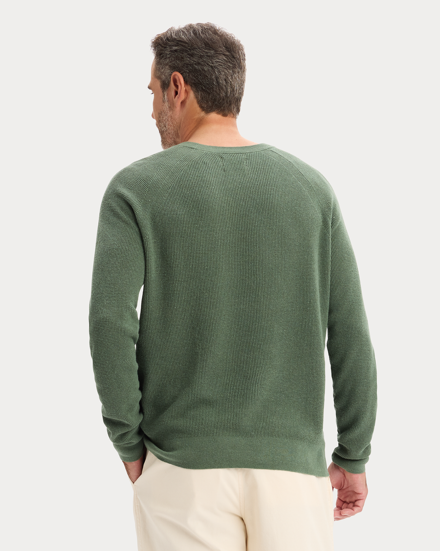 View of model wearing Duck Green Crewneck Sweater, Regular Fit.