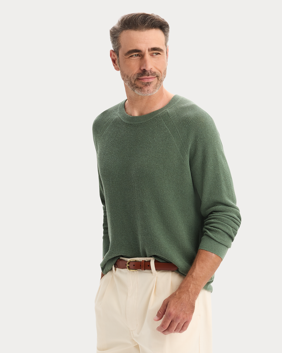 View of model wearing Duck Green Crewneck Sweater, Regular Fit.