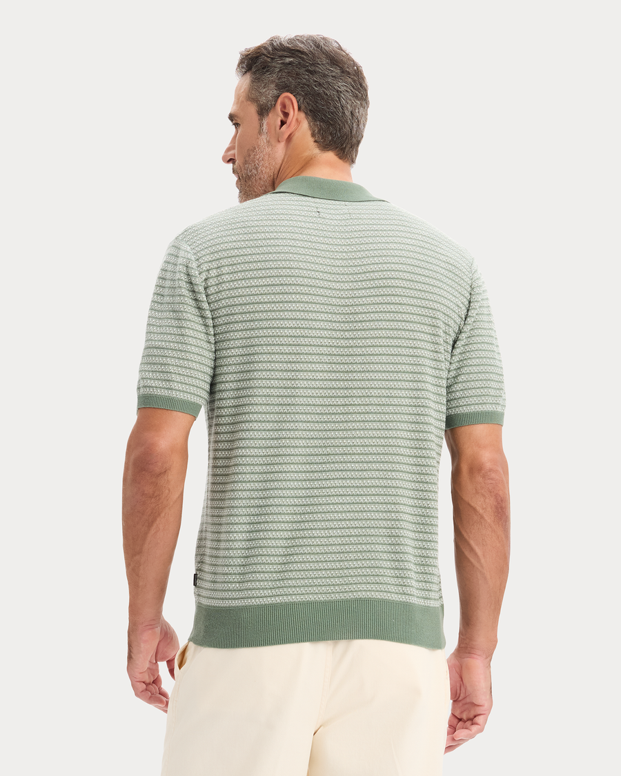 View of model wearing Duck Green Sweater Polo, Regular Fit.