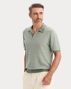 View of model wearing Duck Green Sweater Polo, Regular Fit.