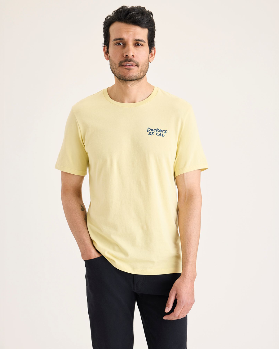 Front view of model wearing Dusty Yellow Logo Tee, Slim Fit.
