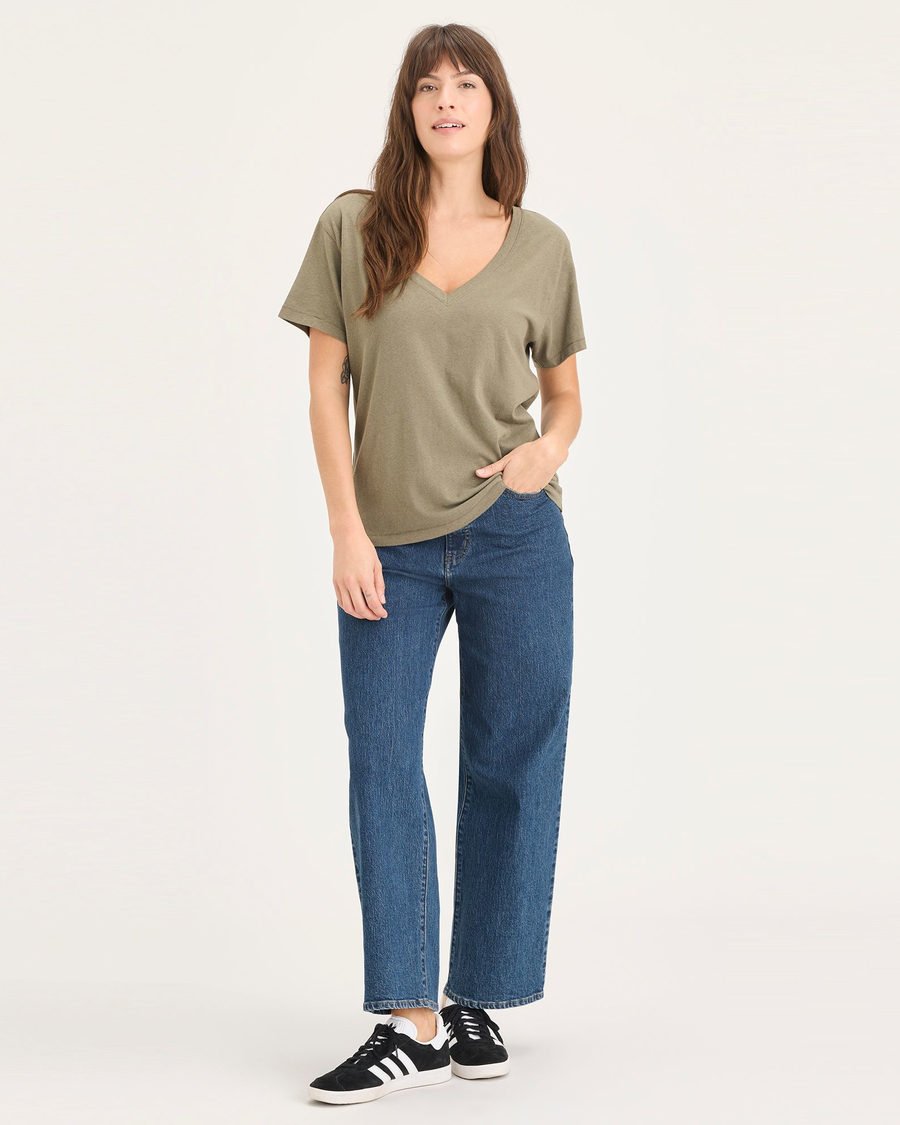 Front view of model wearing Estuary Women's High Straight Sutter Pants.