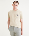 Front view of model wearing Fan Sahara Khaki (Navy Blazer) Men's Slim Fit Logo Tee.