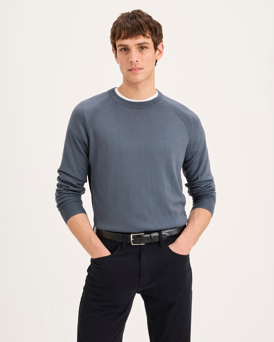 Front view of model wearing Folkstone Gray Crewneck Sweater, Regular Fit.