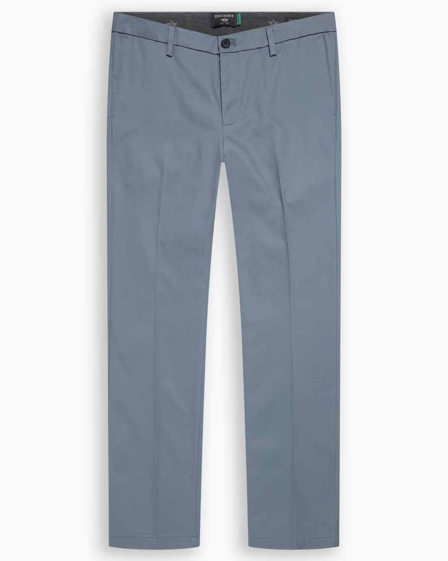 View of model wearing Folkstone Gray Signature Iron Free Khakis, Slim Fit with Stain Defender®.