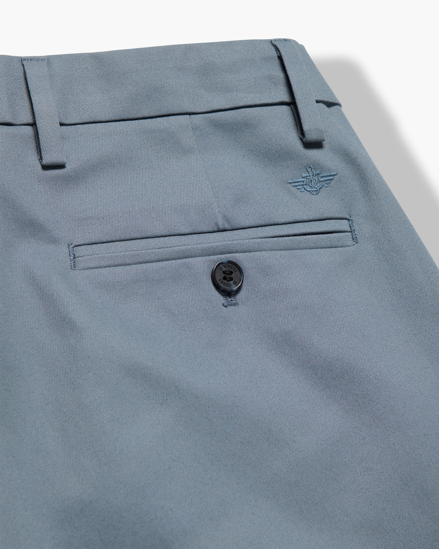 View of model wearing Folkstone Gray Signature Iron Free Khakis, Slim Fit with Stain Defender®.