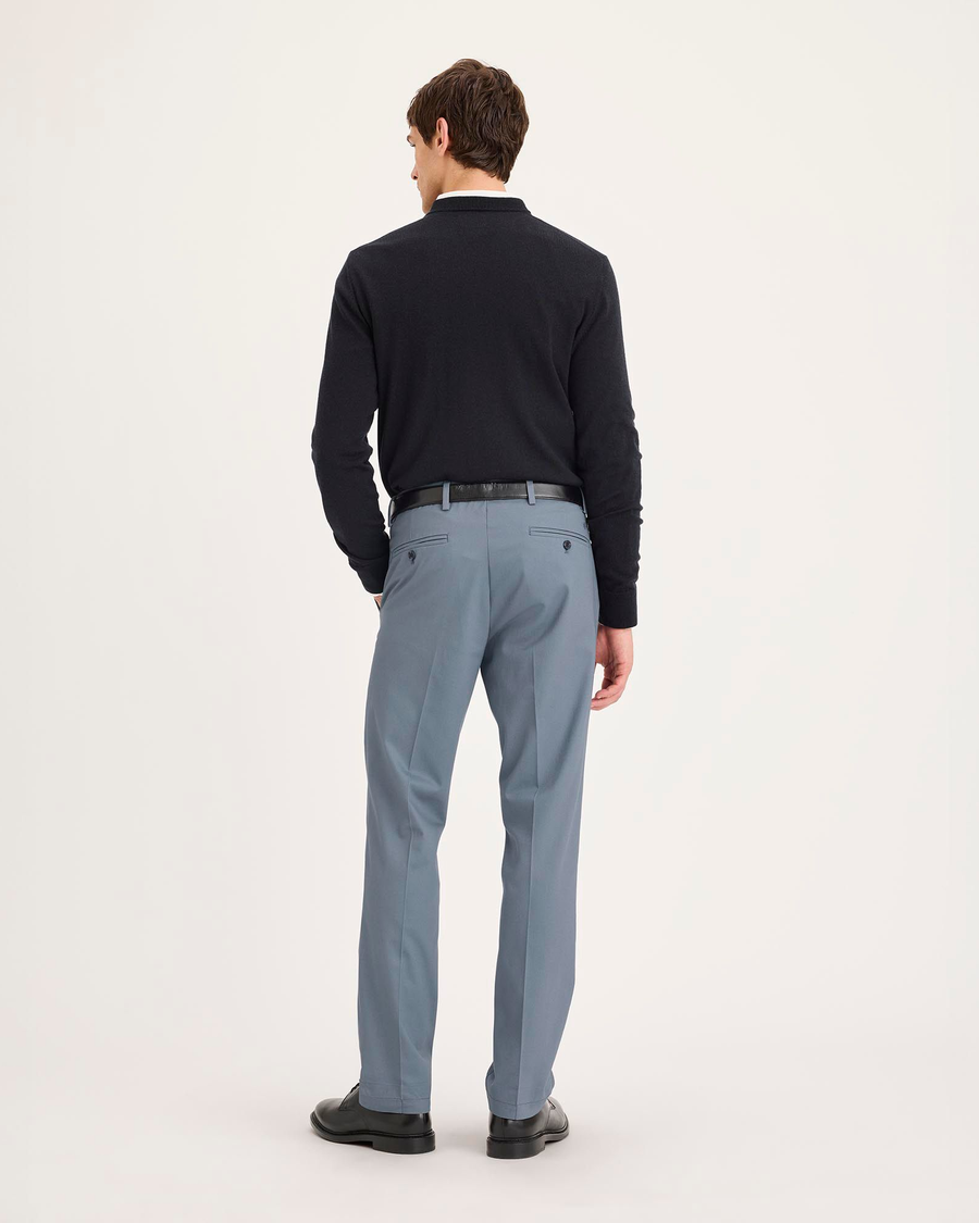Back view of model wearing Folkstone Gray Signature Iron Free Khakis, Slim Fit with Stain Defender®.