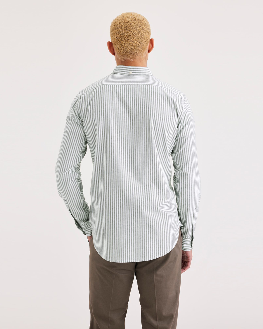 Back view of model wearing Forest Elf Men's Slim Fit 2 Button Collar Shirt.