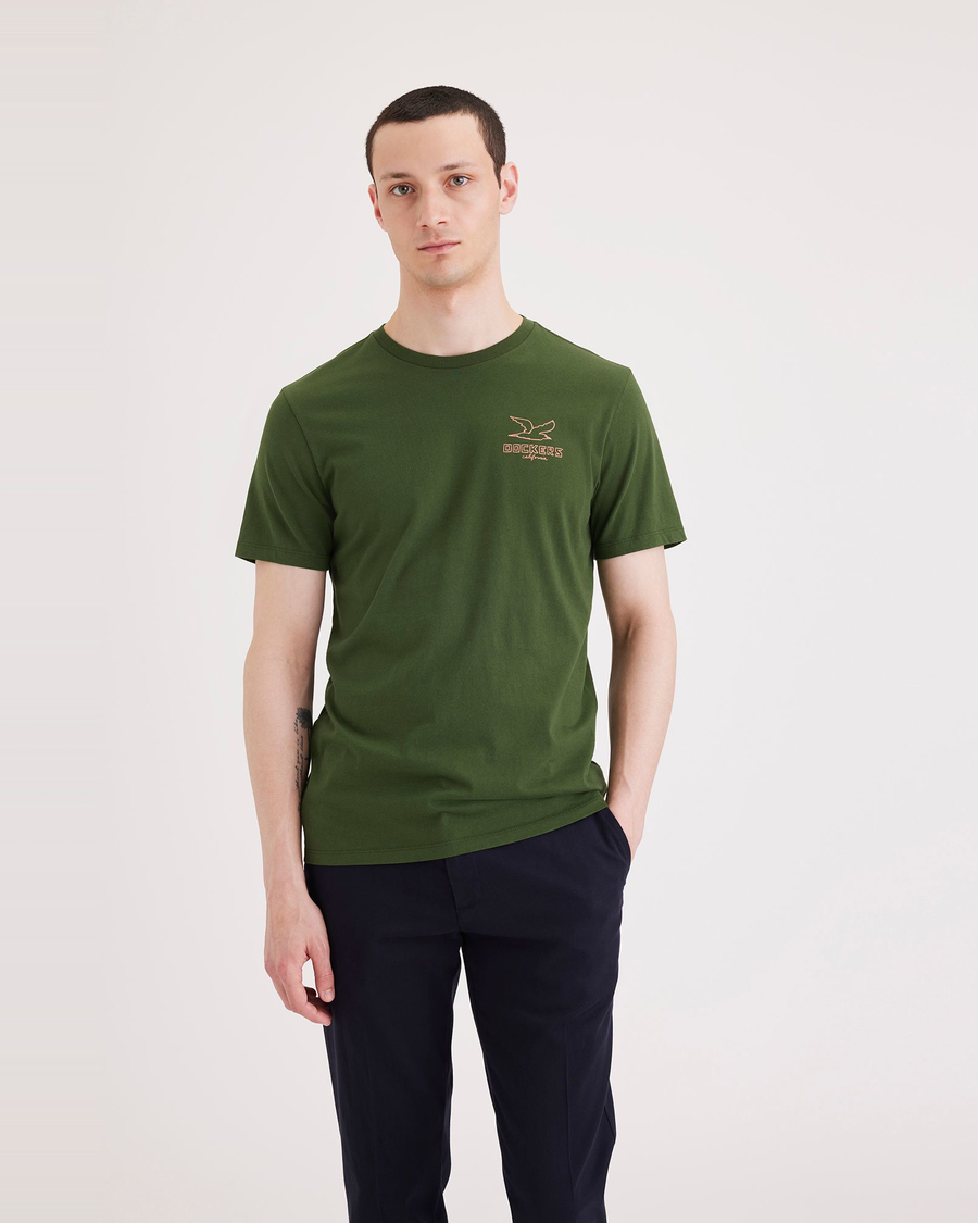 Front view of model wearing Forest Elf Men's Slim Fit Logo Tee.