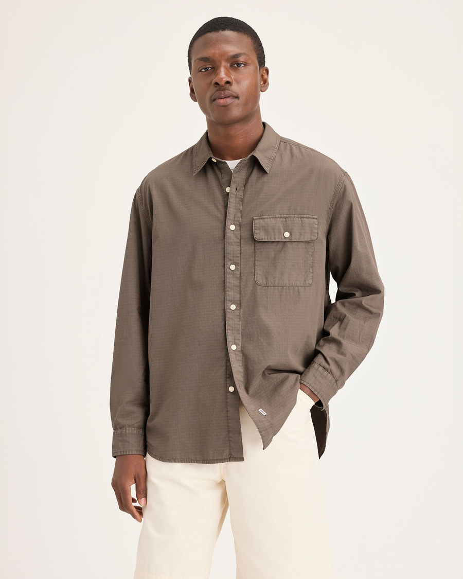 Front view of model wearing Fossil Garment Dye Eighty-Six Shirt, Relaxed Fit.