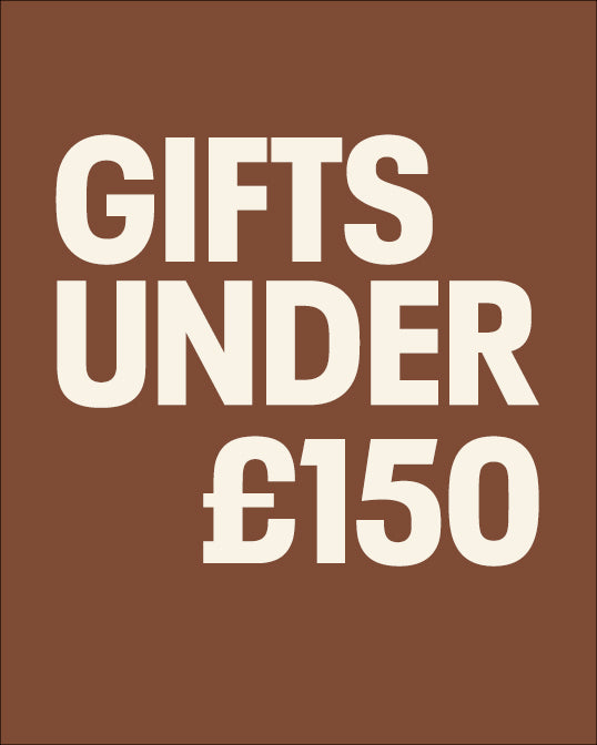 Text ' GIFTS UNDER £150' on a brown background