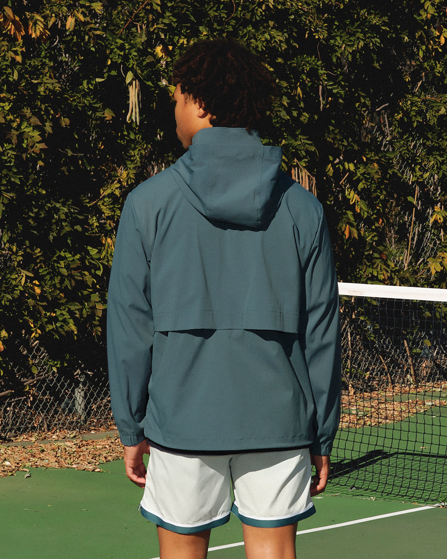 View of model wearing Green Heron Racquet Club Anorak, Regular Fit.