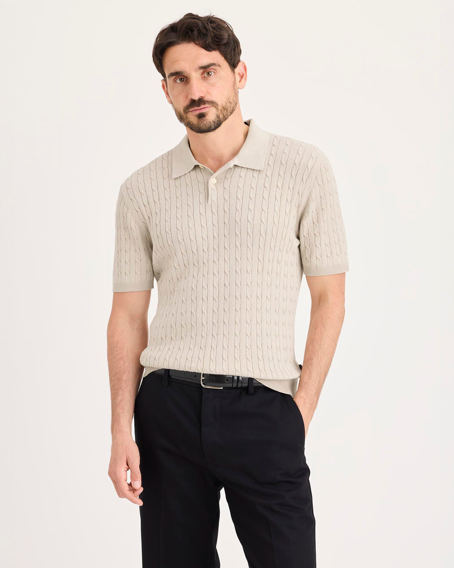 Front view of model wearing Grit Sweater Polo, Regular Fit.