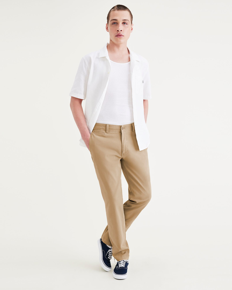 View of model wearing Harvest Gold Alpha Chino Pants, Slim Fit.