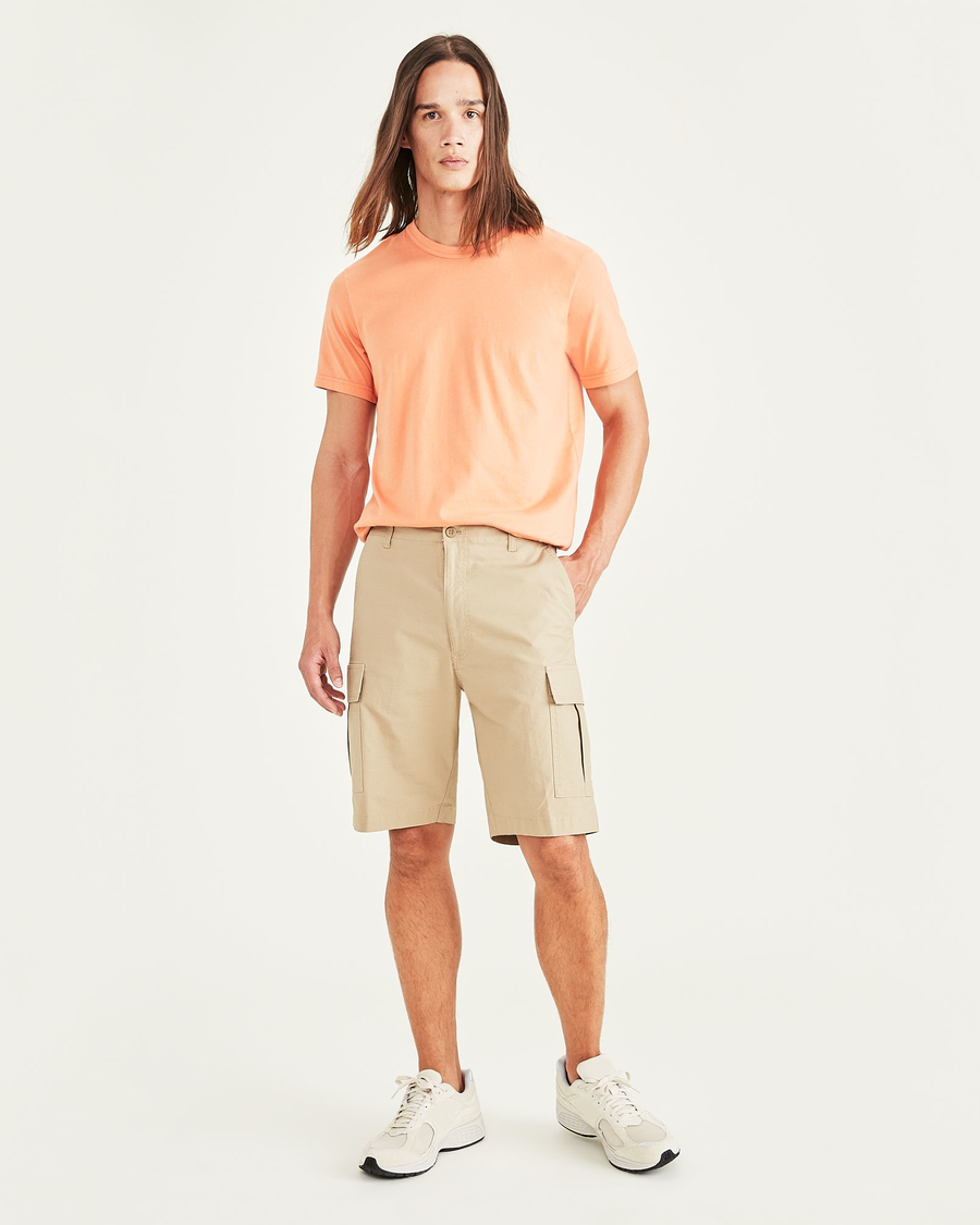 Front view of model wearing Harvest Gold Men's Straight Fit Supreme Flex Cargo Shorts.