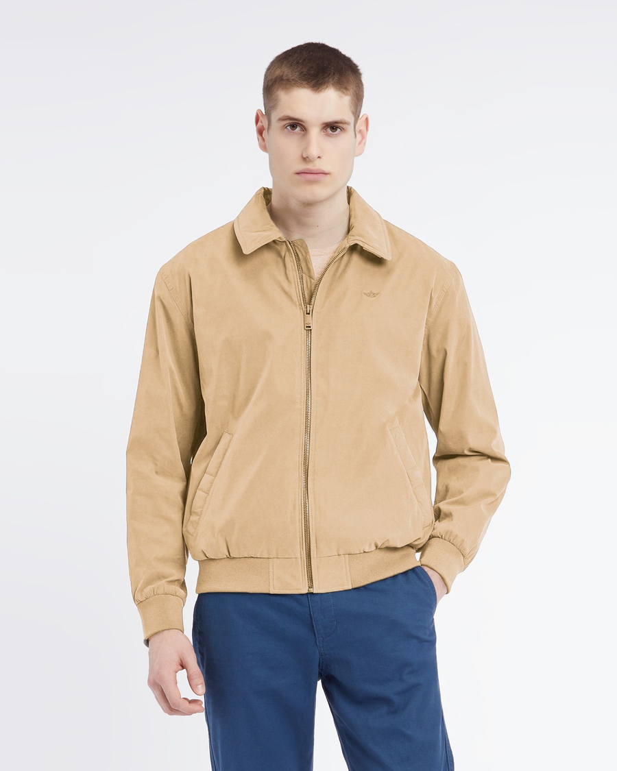 Front view of model wearing Harvest Gold Microtwill Bomber, Relaxed Fit.