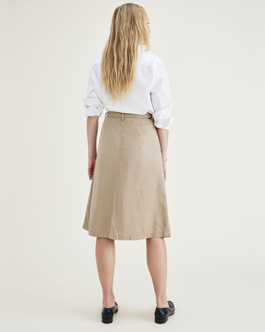 Back view of model wearing Harvest Gold Women's Midi Skirt.