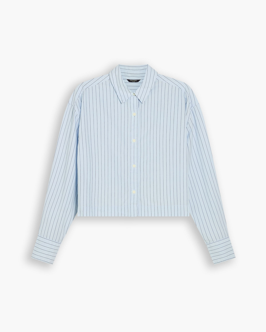 View of model wearing Ice Water Boxy Cropped Shirt, Relaxed Fit.