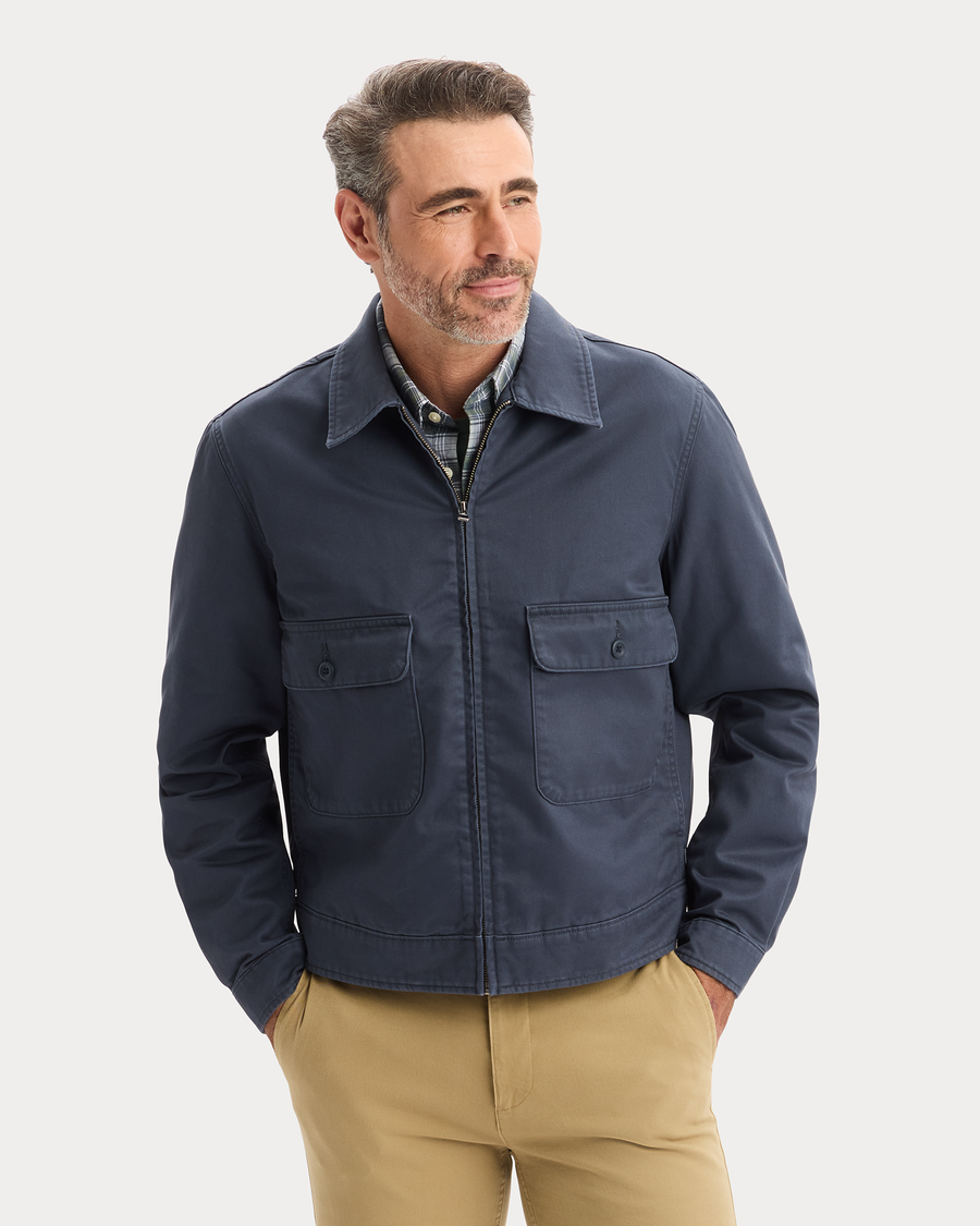 View of model wearing India Ink Mechanic's Jacket, Regular Fit.