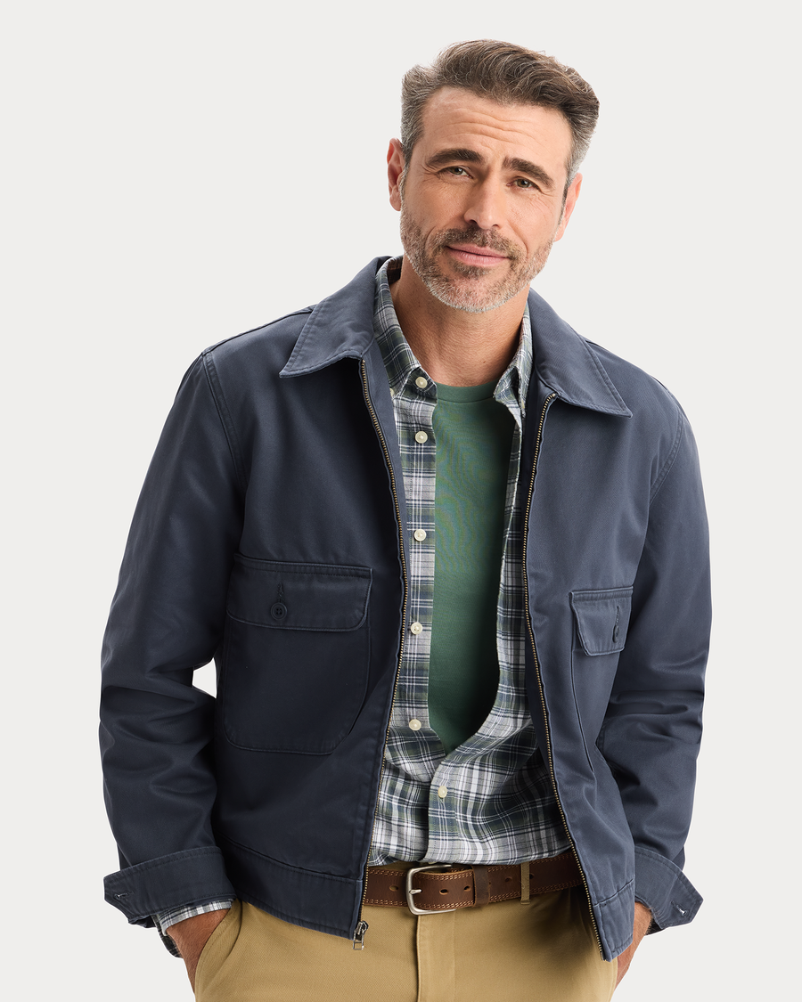 View of model wearing India Ink Mechanic's Jacket, Regular Fit.