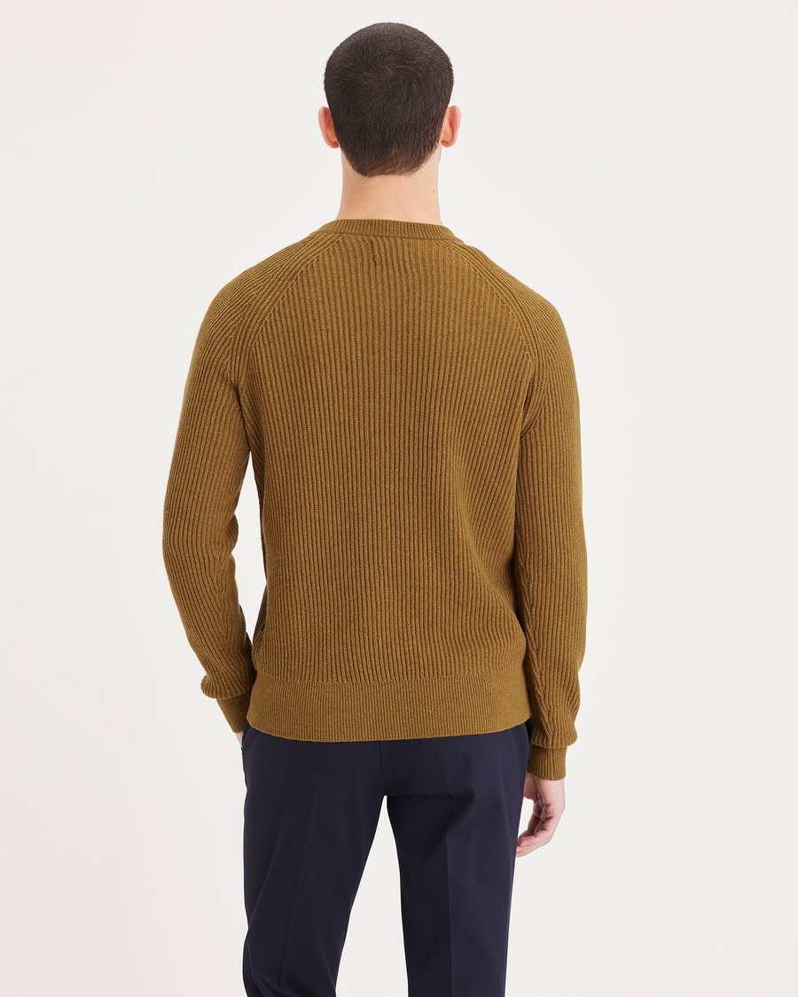 Back view of model wearing Indian Khaki Men's Regular Fit Crewneck Sweater.