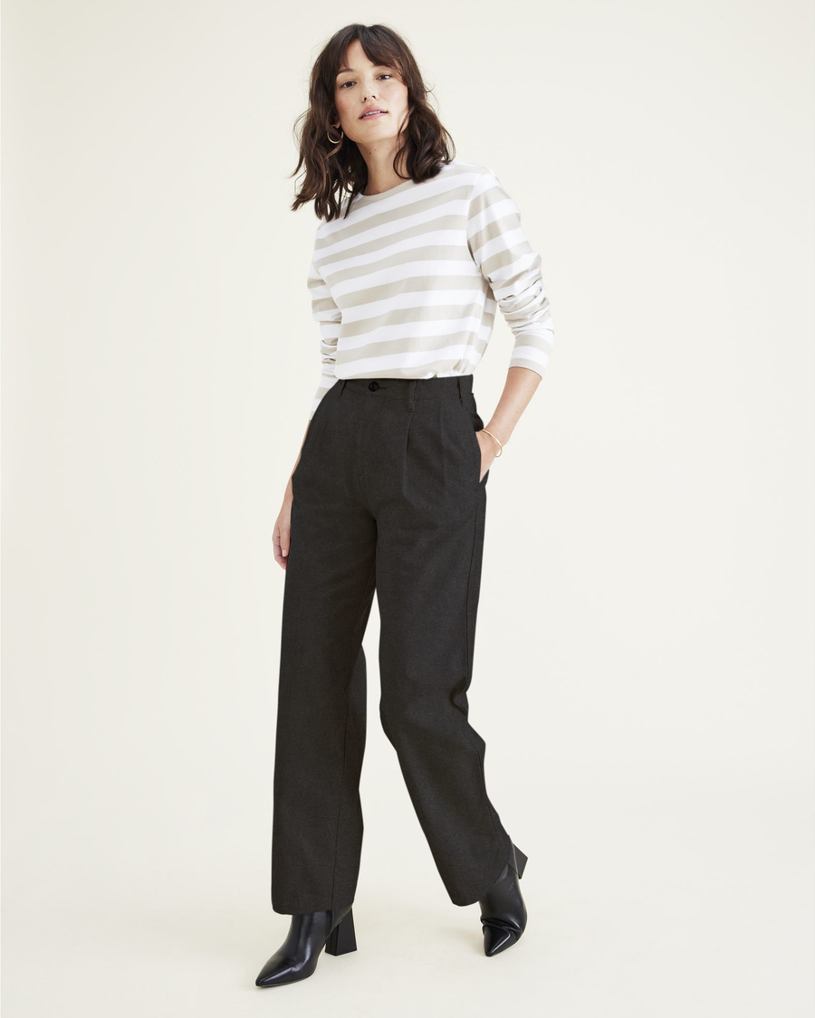 View of model wearing Jubilee Asphalt Women's Straight Fit Original Pleated High Wide Khaki Pants.