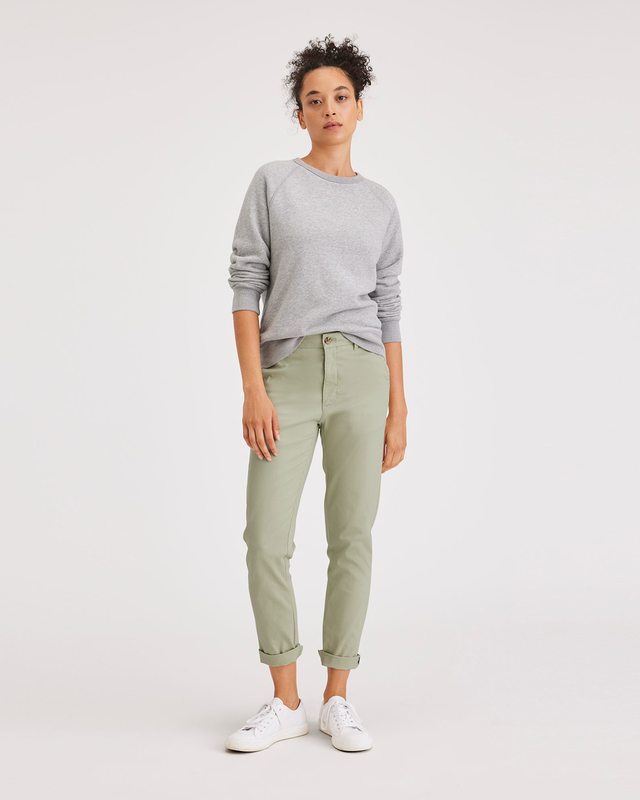 Front view of model wearing Lint Women's Slim Fit Weekend Chino Pants.