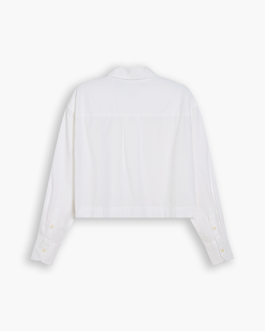 View of model wearing Lucent White Boxy Cropped Shirt, Relaxed Fit.