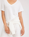 View of model wearing Lucent White Deep V-Neck Tee, Regular Fit.