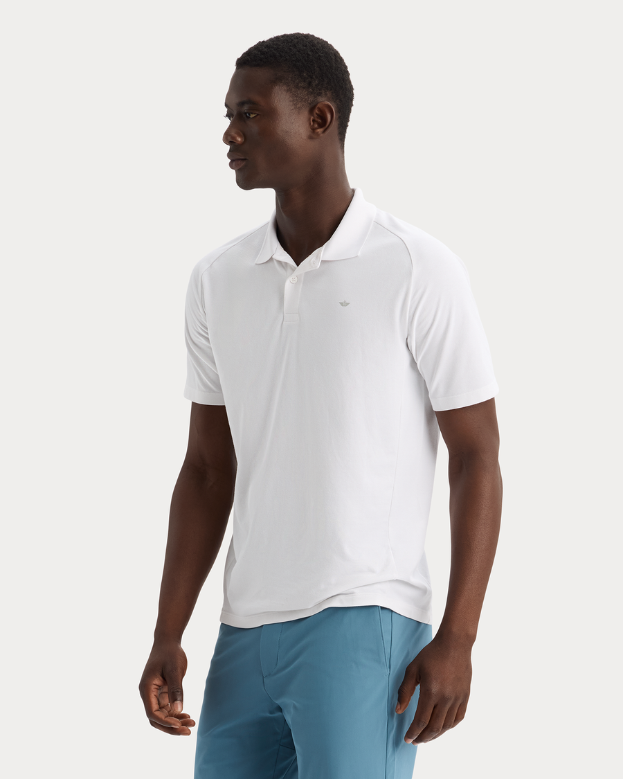 View of model wearing Lucent White Go Polo, Regular Fit.