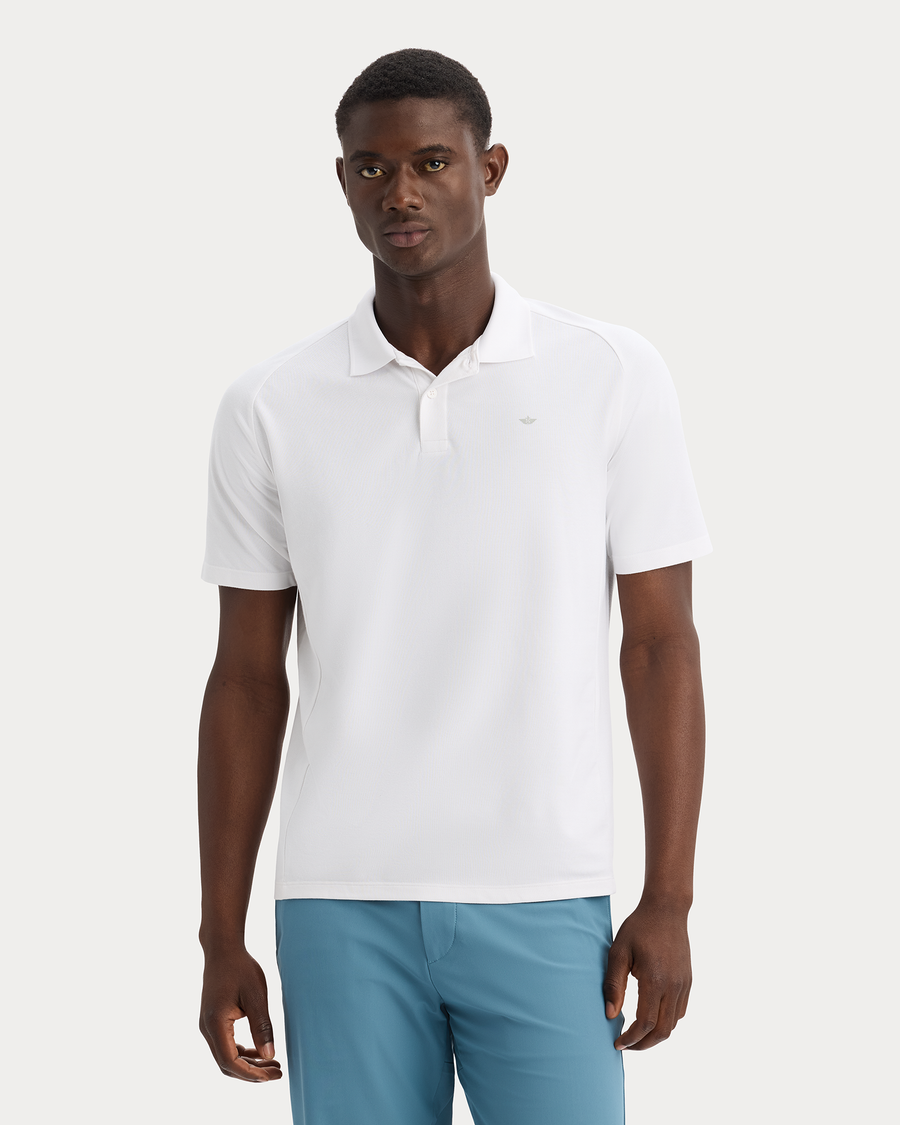 View of model wearing Lucent White Go Polo, Regular Fit.