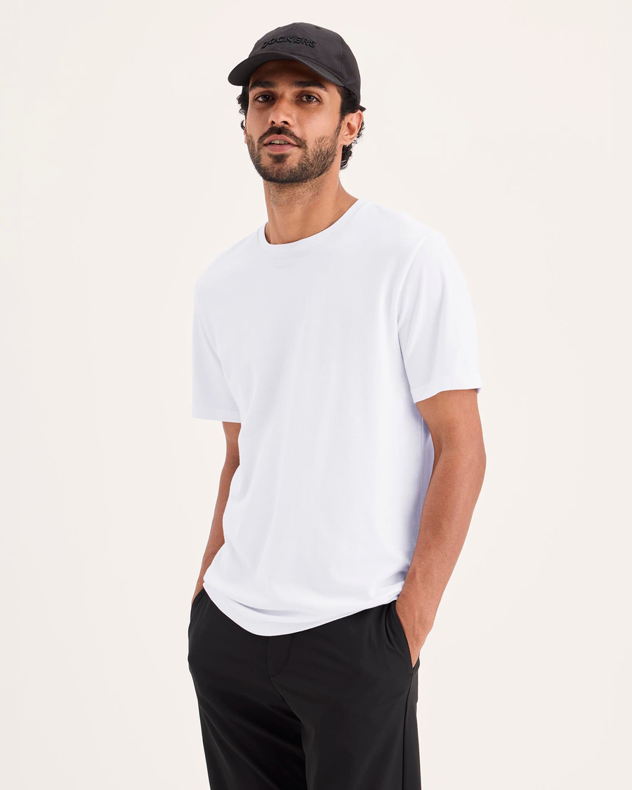 Front view of model wearing Lucent White Go Tee, Slim Fit.