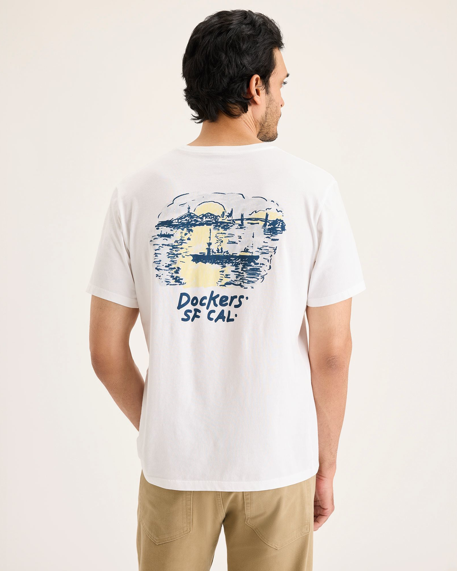 Back view of model wearing Lucent White Logo Tee, Slim Fit.