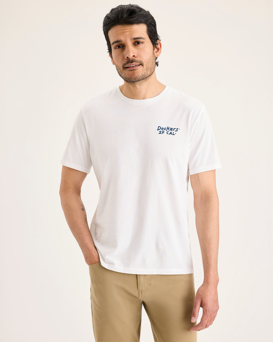 Front view of model wearing Lucent White Logo Tee, Slim Fit.