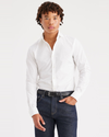 Front view of model wearing Lucent White Men's Slim Fit Crafted Shirt.