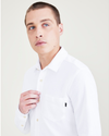 View of model wearing Lucent White Men's Slim Fit Knit Button-Up Shirt.