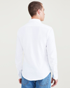 Back view of model wearing Lucent White Men's Slim Fit Knit Button-Up Shirt.