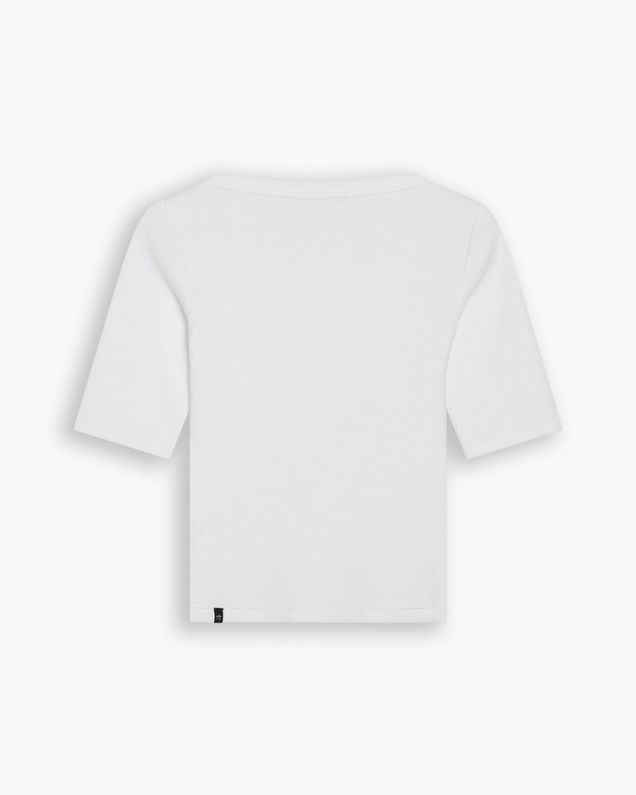 View of model wearing Lucent White Rib Tee, Slim Fit.