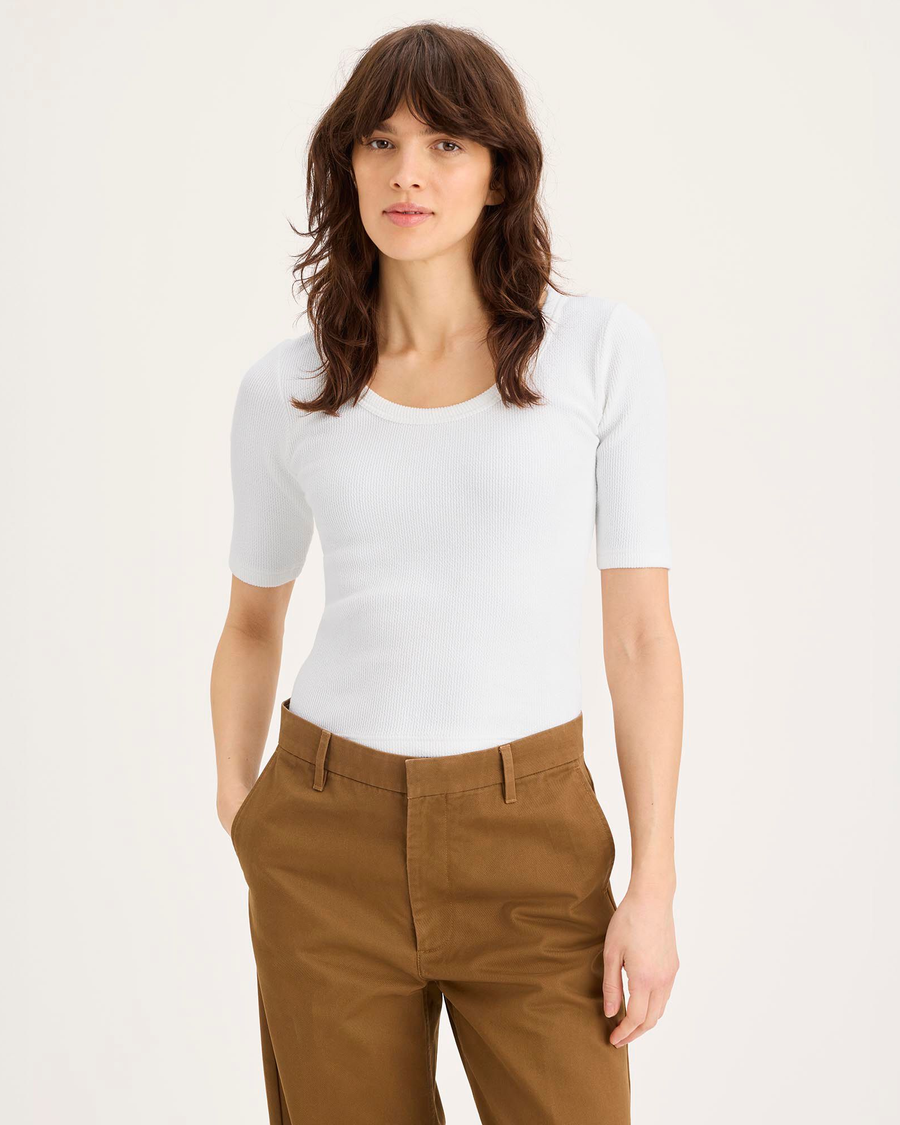 Front view of model wearing Lucent White Rib Tee, Slim Fit.