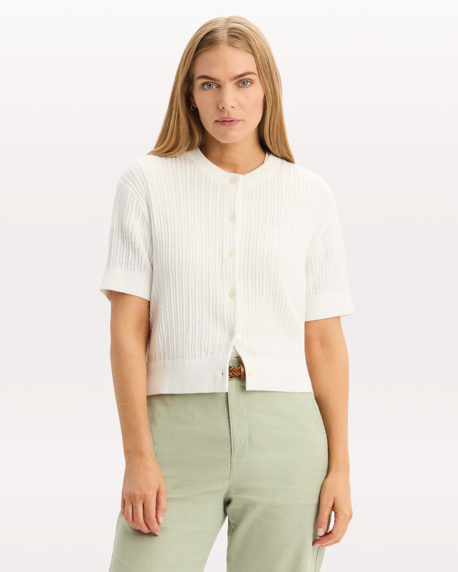 View of model wearing Lucent White Short Sleeve Cardigan, Regular Fit.