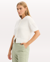 View of model wearing Lucent White Short Sleeve Cardigan, Regular Fit.