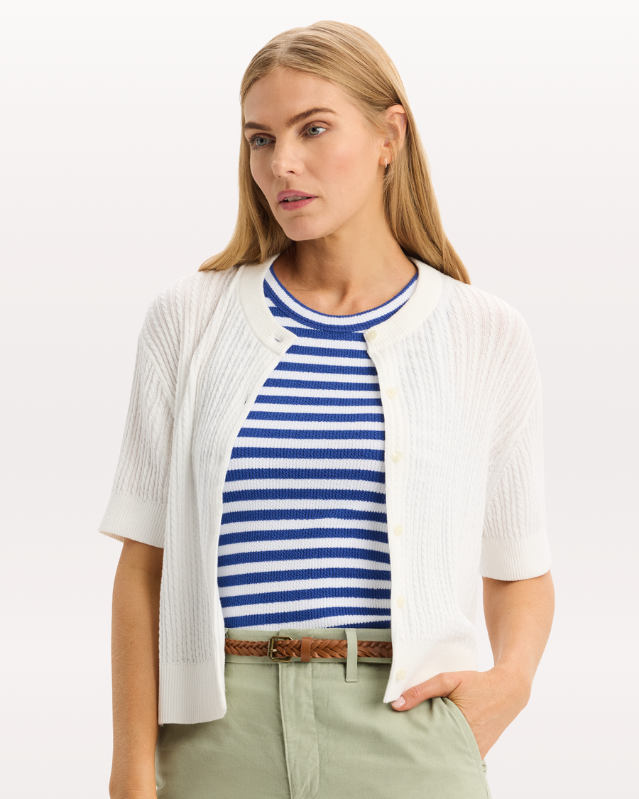 View of model wearing Lucent White Short Sleeve Cardigan, Regular Fit.