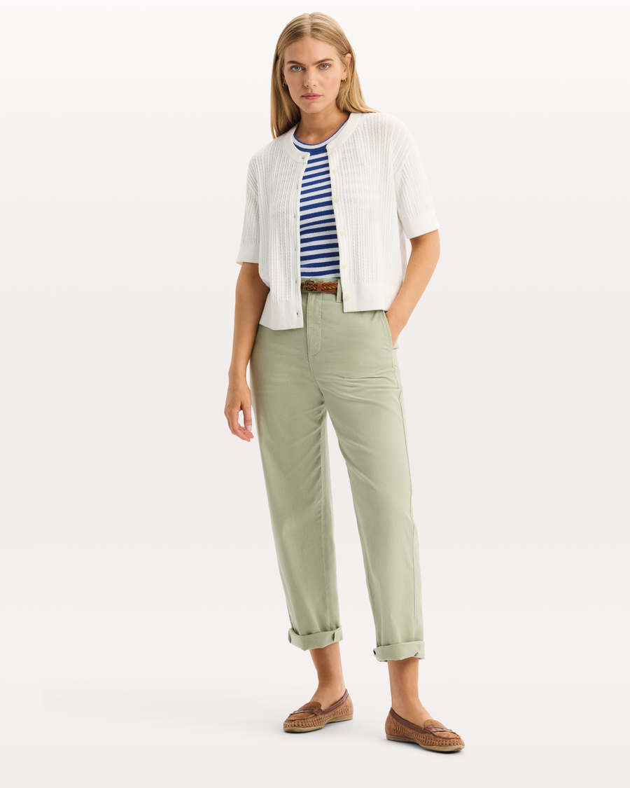 View of model wearing Lucent White Short Sleeve Cardigan, Regular Fit.