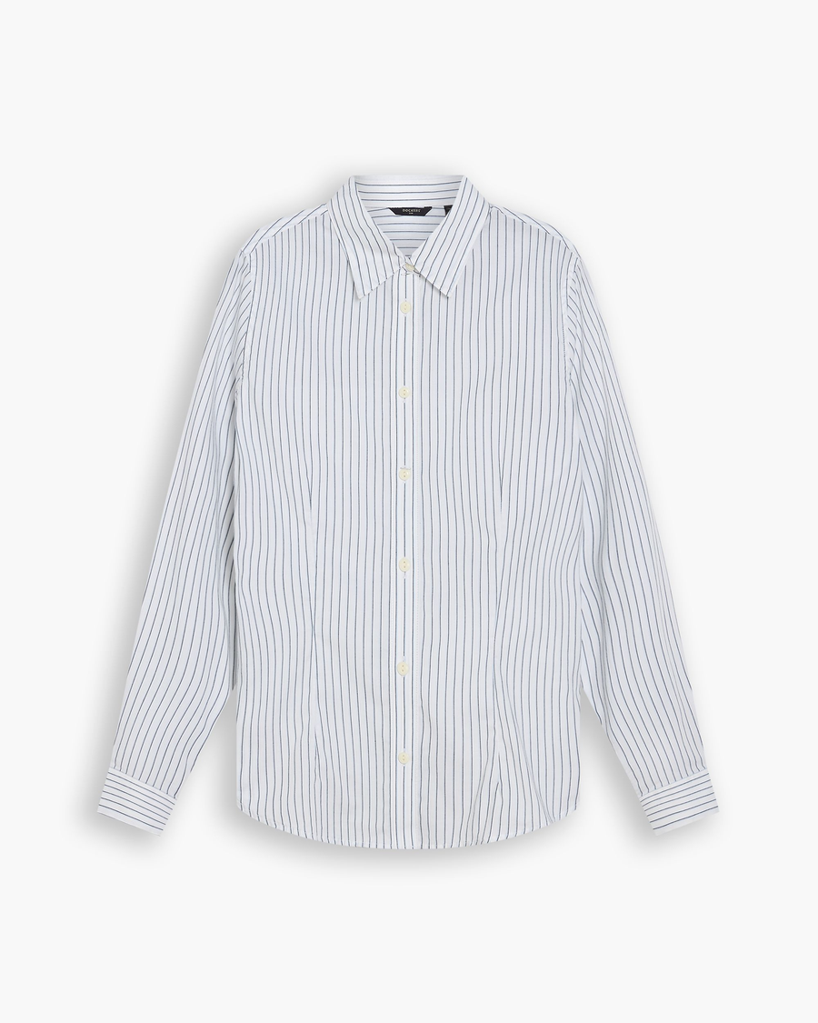 View of model wearing Lucent White Signature Shirt with Stain Defender®, Slim Fit.