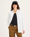 Front view of model wearing Lucent White Women's Shirt, Relaxed Fit.