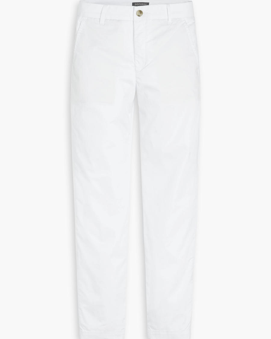 View of model wearing Lucent White Women's Slim Fit Weekend Chino Pants.