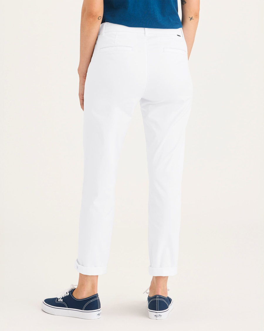 Back view of model wearing Lucent White Women's Slim Fit Weekend Chino Pants.